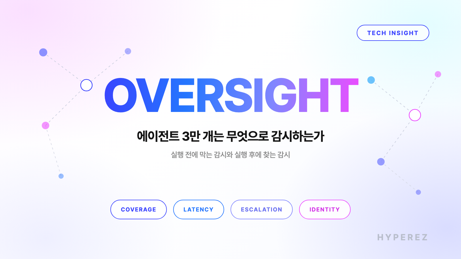 OVERSIGHT 키워드와 "에이전트 3만 개는 무엇으로 감시하는가" 부제가 적힌 하이퍼이지 블로그 커버