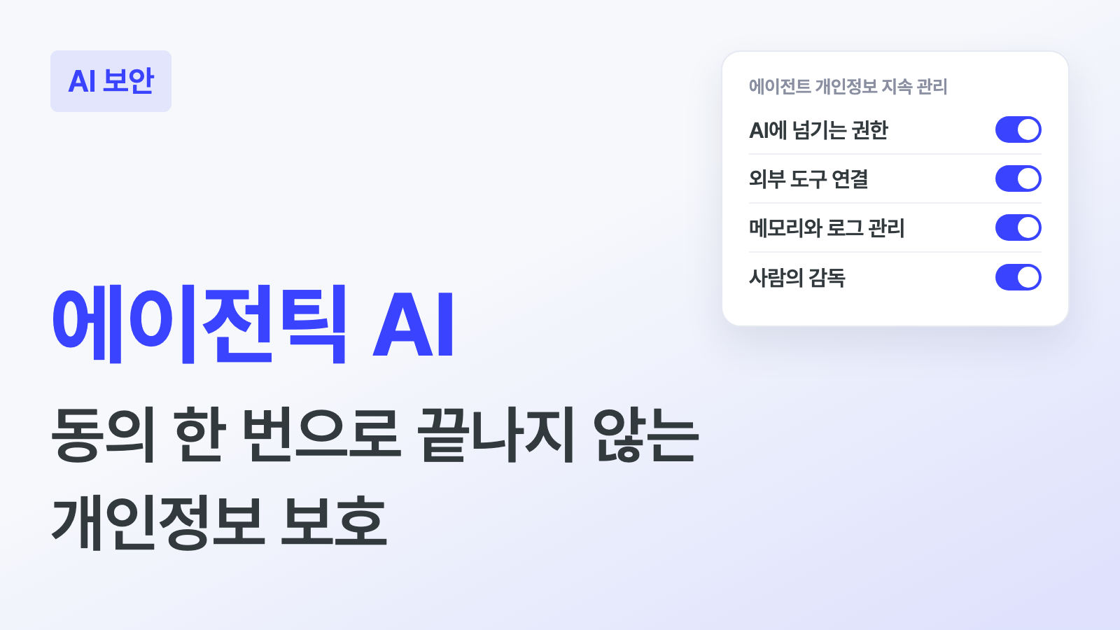 에이전틱 AI 키워드와 "동의 한 번으로 끝나지 않는 개인정보 보호" 부제, AI에 넘기는 권한, 외부 도구 연결, 메모리와 로그 관리, 사람의 감독을 켜 둔 설정 화면 카드가 있는 하이퍼이지 블로그 AI 보안 커버
