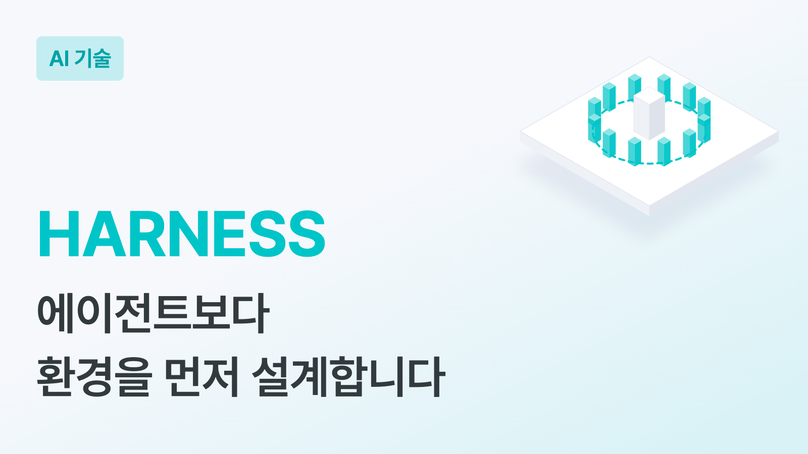 HARNESS 키워드와 "에이전트보다 환경을 먼저 설계합니다" 부제, 흰 판 위 가운데 흰 블록을 청록 막대들이 점선 원으로 둘러싼 입체 일러스트가 있는 하이퍼이지 블로그 AI 기술 커버